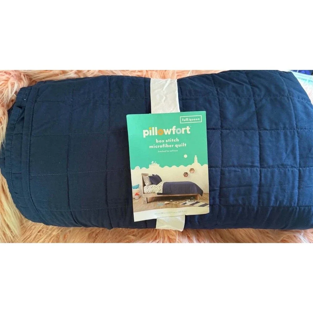 Pillowfort Full Queen Box Stitch Microfiber Kids Quilt Navy OEKO-TEX Bedding